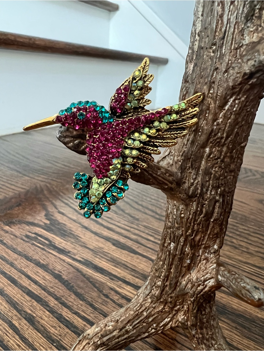 Colorful Crystal Hummingbird Bird Brooch/ Pendant Pink & Teal Statement Piece